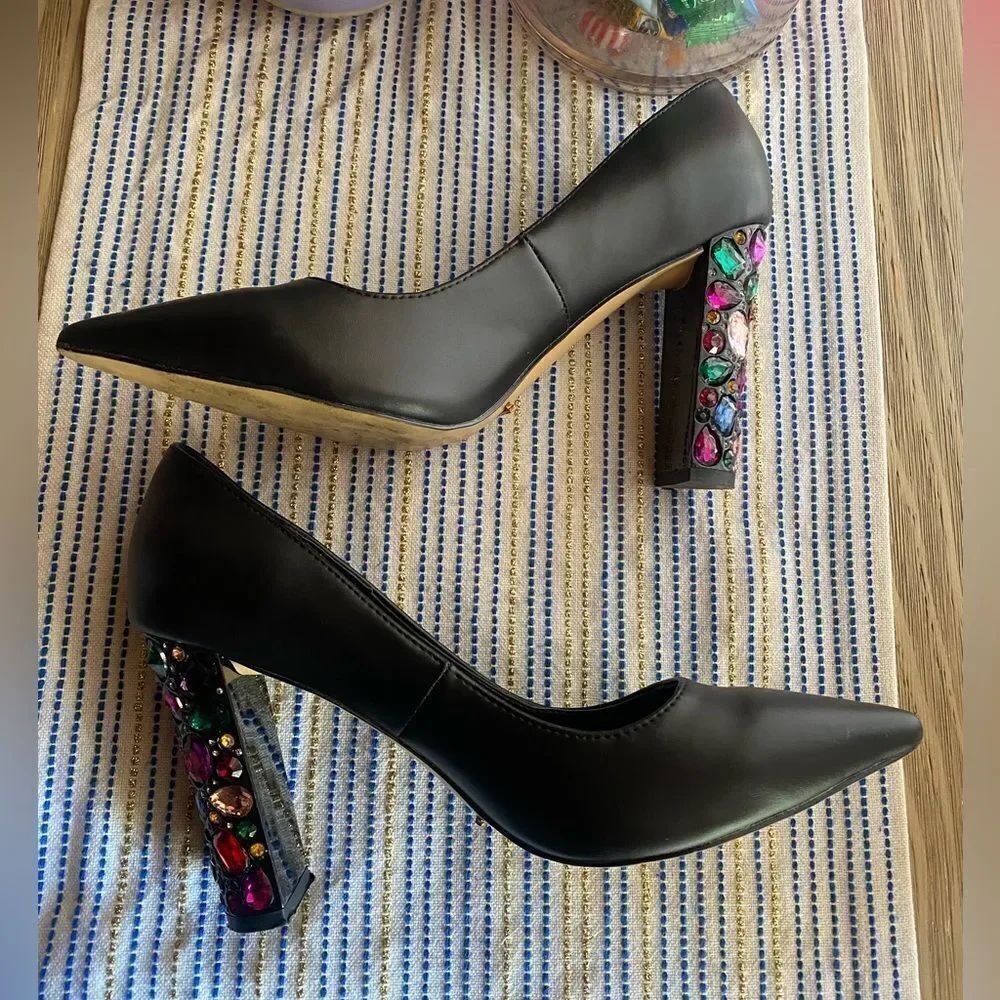Dolce&Gabbana Heels Pumps Shoes Pointed Toe Black High Block Rhinestone Sz 37